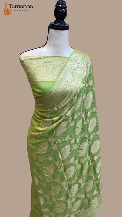 Pista Green Pure Khaddi Chiffon Handloom Banarasi Saree