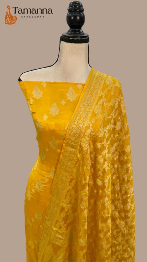 Mango Yellow Pure Khaddi Chiffon Banarasi Dress Material