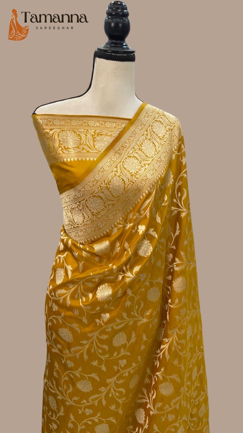 Mustard Yellow Pure Katan Silk Handloom Banarasi Saree- All over Jaal work