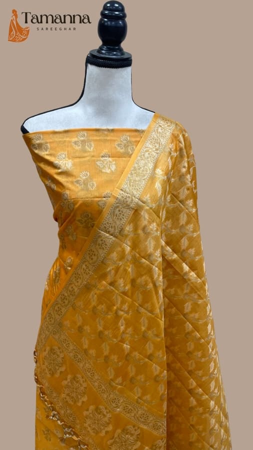Mustard Yellow Pure Tussar Silk Banarasi Dress Material