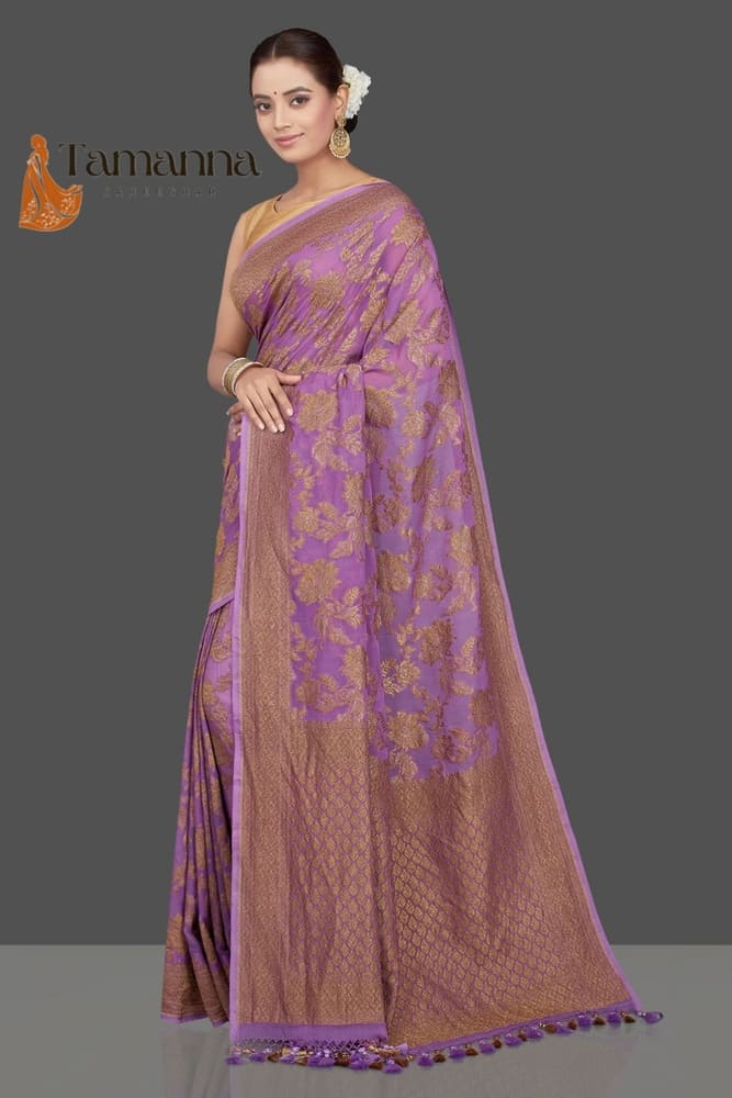 Lavender Pure Khaddi Georgette Handloom Banarasi Saree- Antique Zari