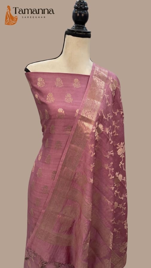 Mauve Pure Chiniya Silk Handloom Banarasi Dress Material