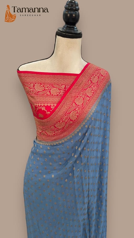 Turquoise Pure Khaddi Crepe Georgette Handloom Banarasi Saree- Antique Zari