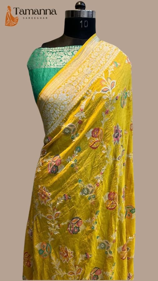 Pure Tussar Georgette Handloom Banarasi Saree- Allover Jaal with six color Meena