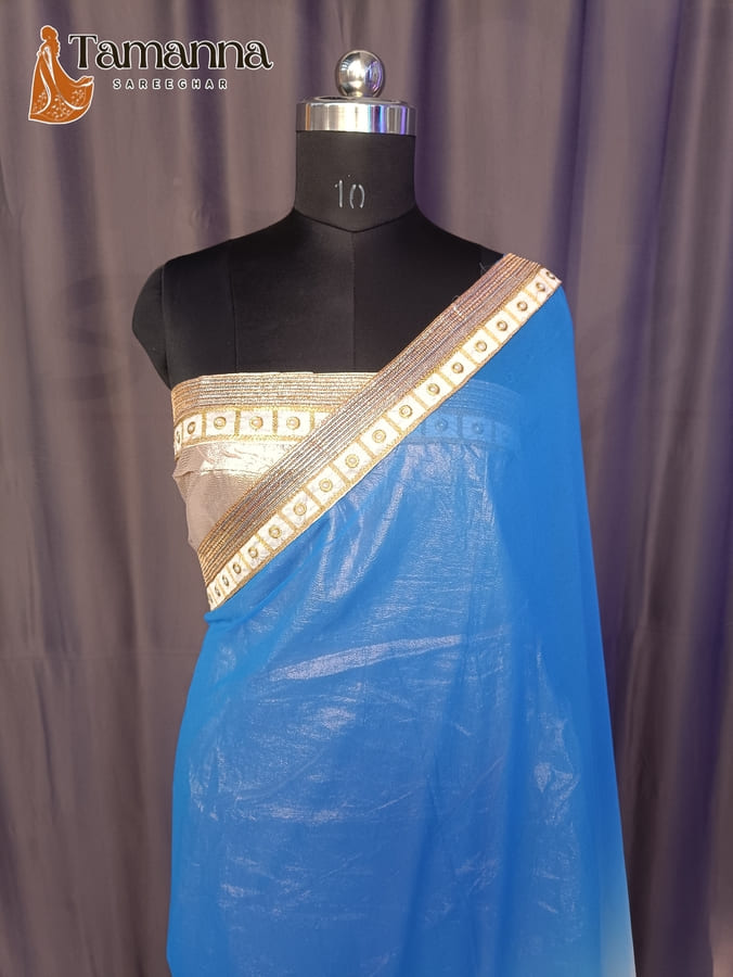 Royal Blue & White Pure Georgette Saree with Pearl work