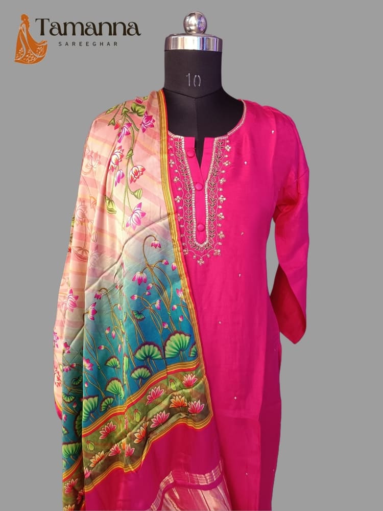 Hot Pink Pure Dola Silk Suit Set with Pure Gaji Silk Dupatta