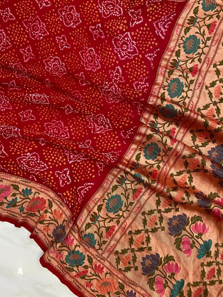 Pure Georgette Bandhej Handloom Banarasi Saree- Tilfi Meenakari