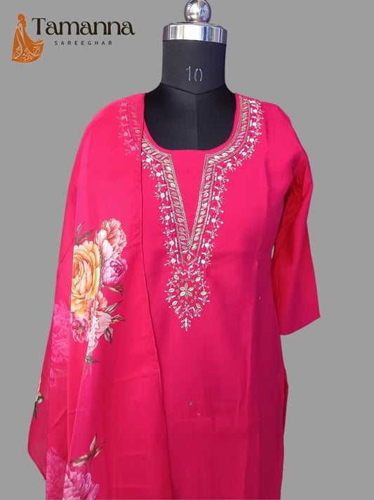 Red Silk Handwork Suit Set with Organza Dupatta