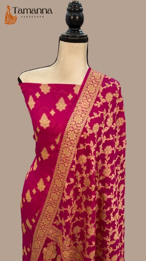 Hot Pink Pure Khaddi Chiffon Banarasi Dress Material