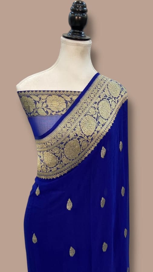 Neel Blue Pure Khaddi Georgette Handloom Banarasi Saree- Gold Zari