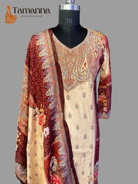 Cream Pure Chinon Suit Set with Hand work