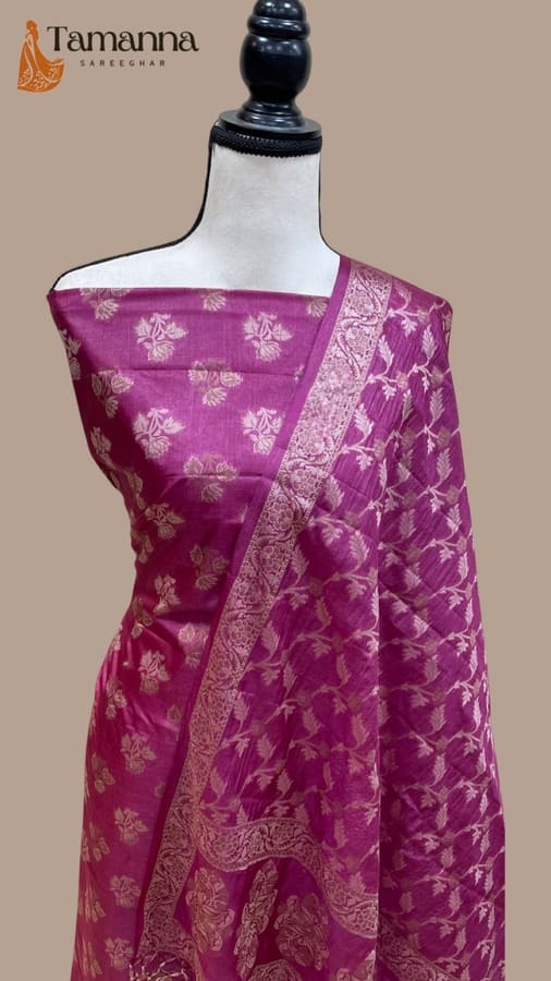 Purple Pure Tussar Silk Banarasi Dress Material