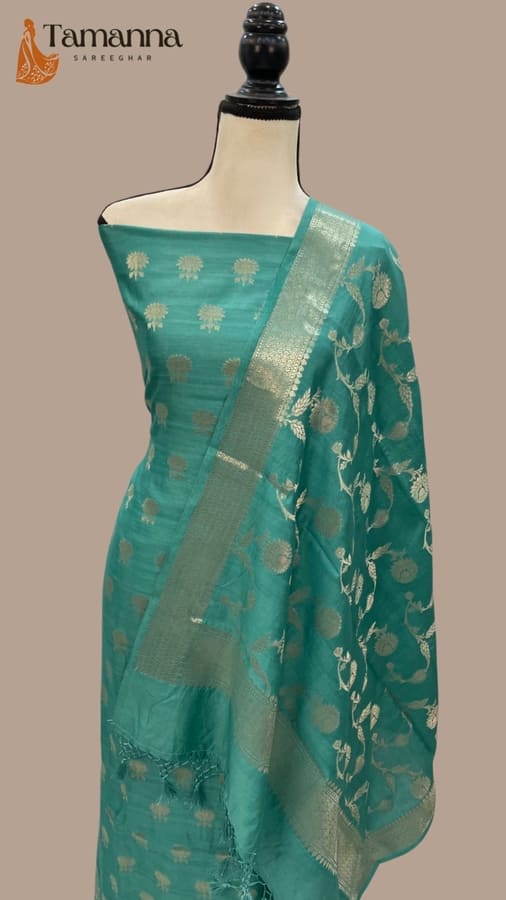 Sea Green Pure Chiniya Silk Handloom Banarasi Dress Material