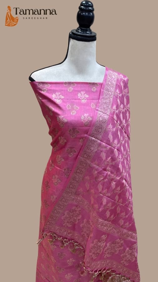 Pink Pure Tussar Silk Banarasi Dress Material butti work