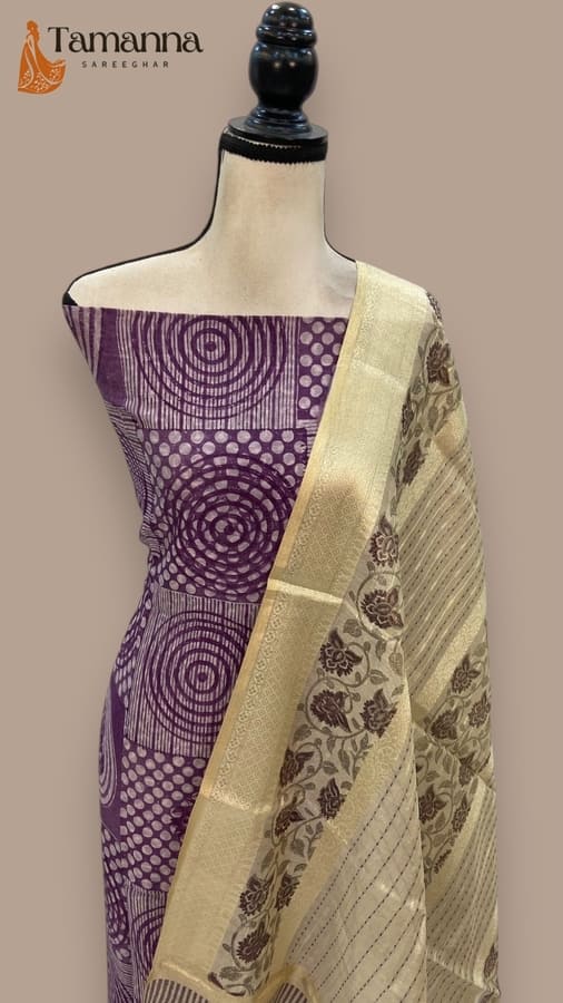 Purple Pure Chanderi Cotton Banarasi Dress Material- Chikankari