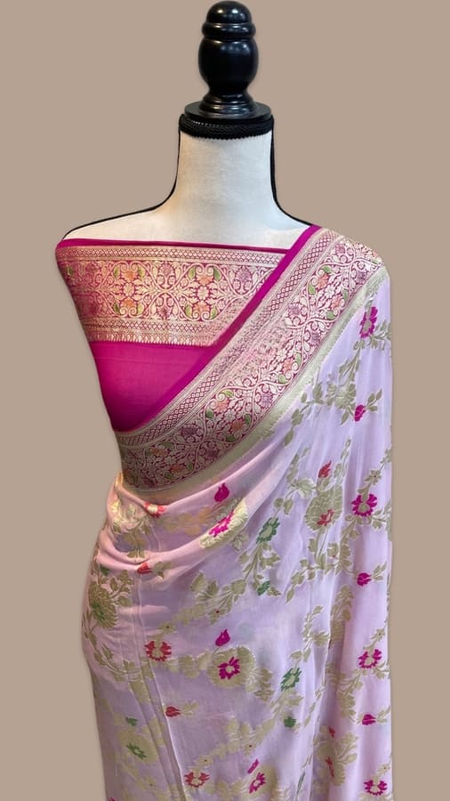 Pink Pure Khaddi Georgette Handloom Banarasi Saree- Allover Jaal with Meenakari