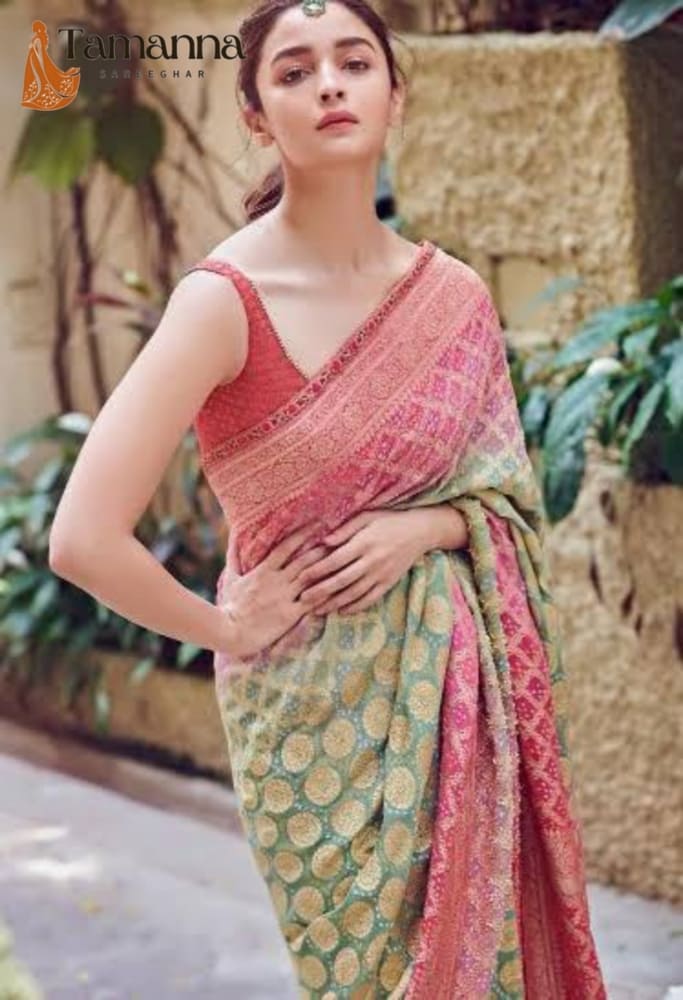 Alia Bhatt Pure Khaddi Georgette Bandhej Handloom Banarasi Saree