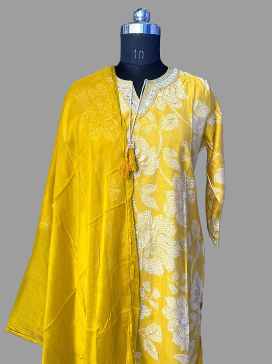 Yellow Premium Rayon Suit Set with Chiffon Dupatta