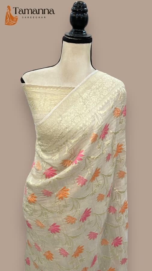 Off White Tussar Georgette Handloom Banarasi Saree- All over Jaal work Meenakari