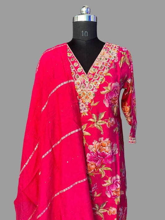 Hot Pink Pure Maslin Suit Set with Banarasi Dupatta