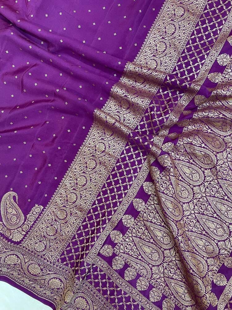 Purple Pure Khaddi Crepe Georgette Handloom Banarasi Saree- Antique Zari
