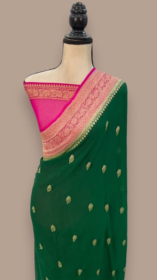Dark Green Khaddi Georgette Banarasi Saree- Gold Zari I Tamanna Saree
