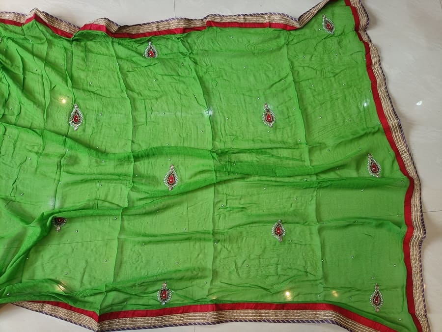 Green Pure Georgette Saree With Pearl work