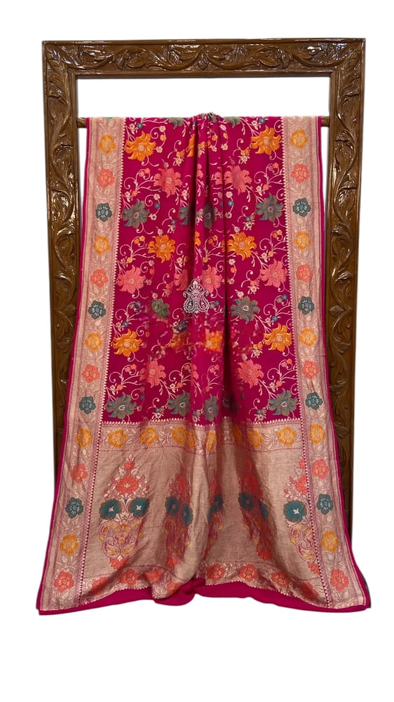 Hot Pink Khaddi Georgette Handloom Banarasi Saree- with Jaal & Meenakari work
