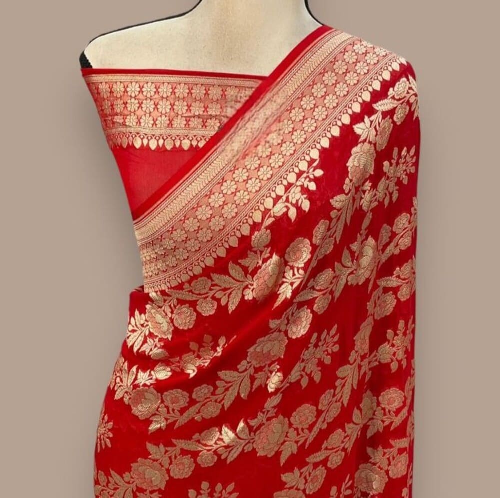 Red Pure Khaddi Georgette Handloom Banarasi Saree- Water Zari