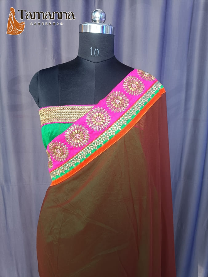 Brown Half & Half Pure Georgette Designer Saree
