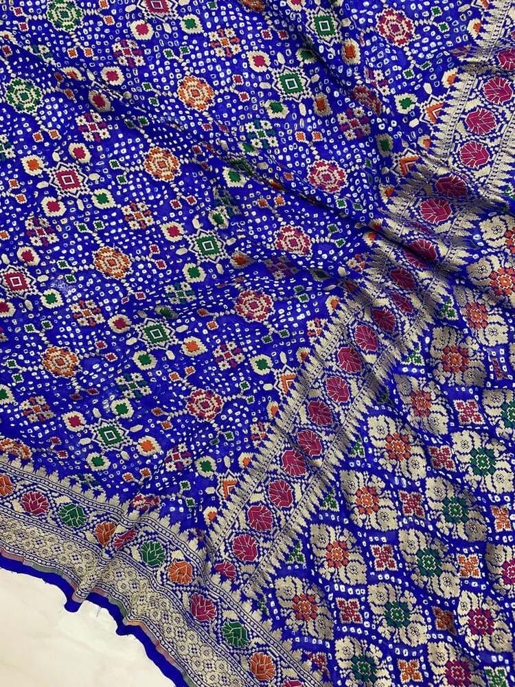 Royal Blue Pure Georgette Handloom Banarasi Bandhej Saree- with Meenakari work