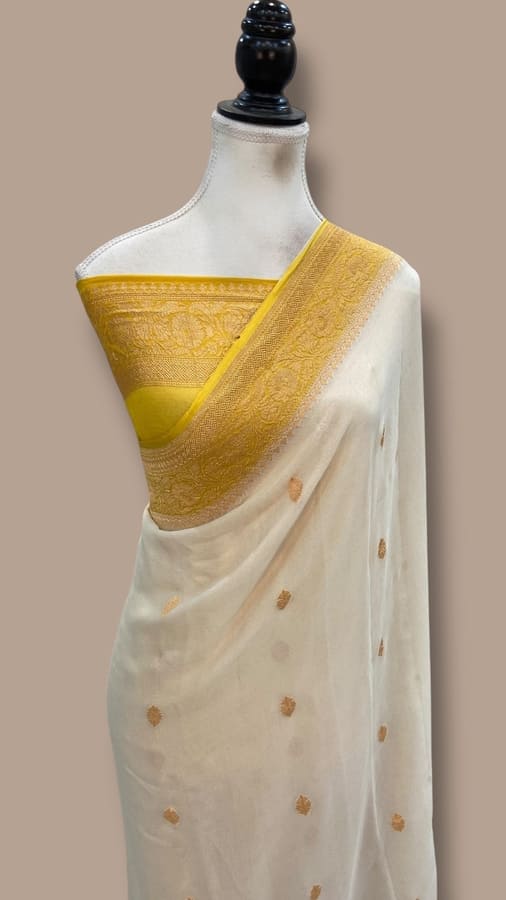 White Pure Khaddi Georgette Handloom Banarasi Saree- Gold Zari