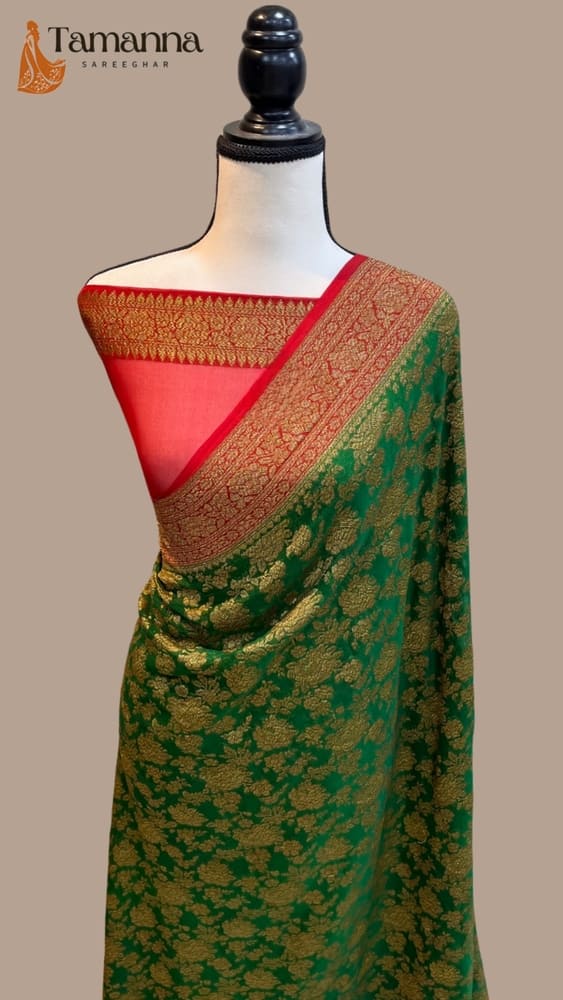 Sea Green Pure Khaddi Georgette Handloom Banarasi Saree- Antique Zari