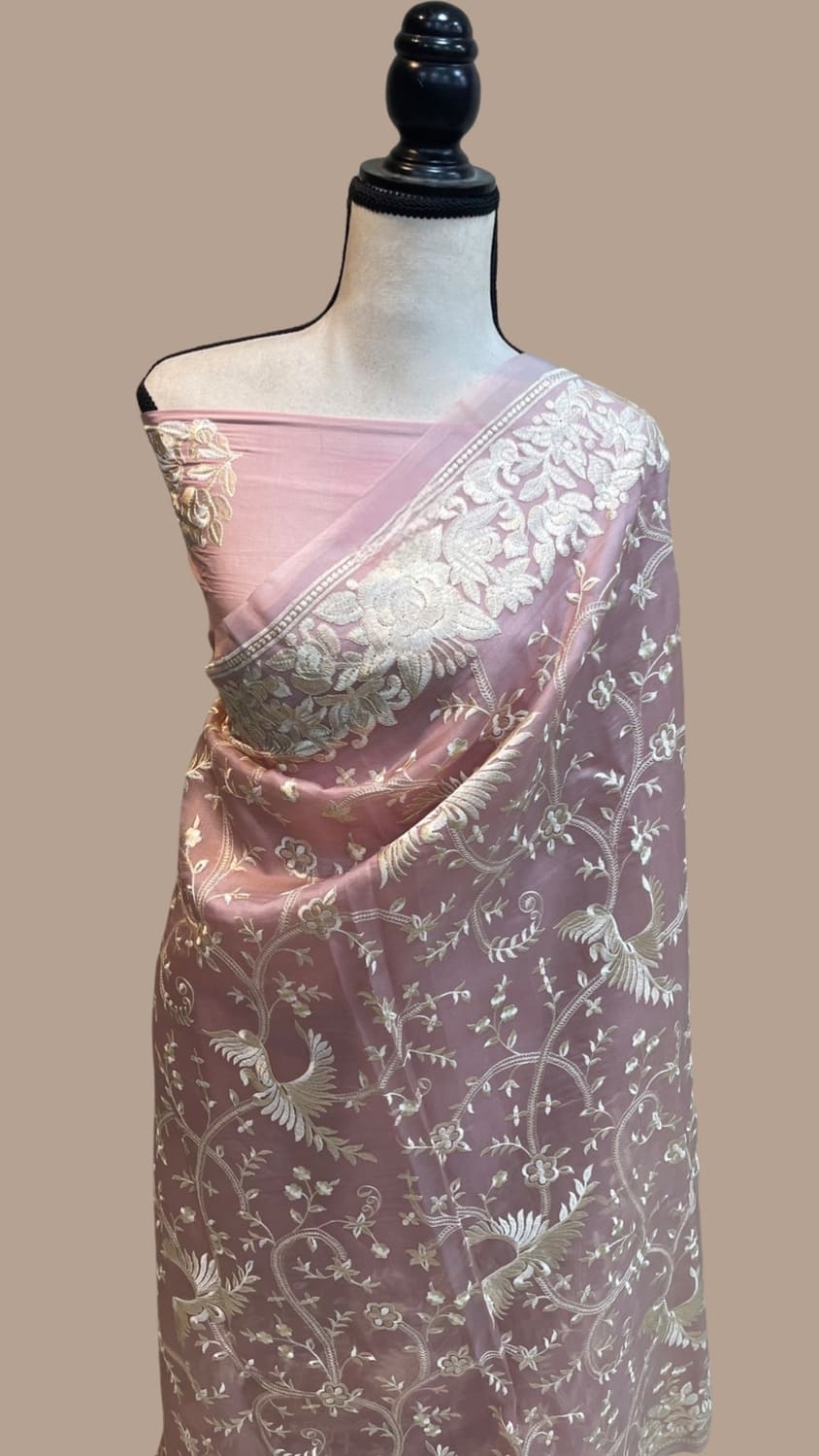 Onion Pink Pure Organza Chikankari Handloom Banarasi Saree- Jaal Work