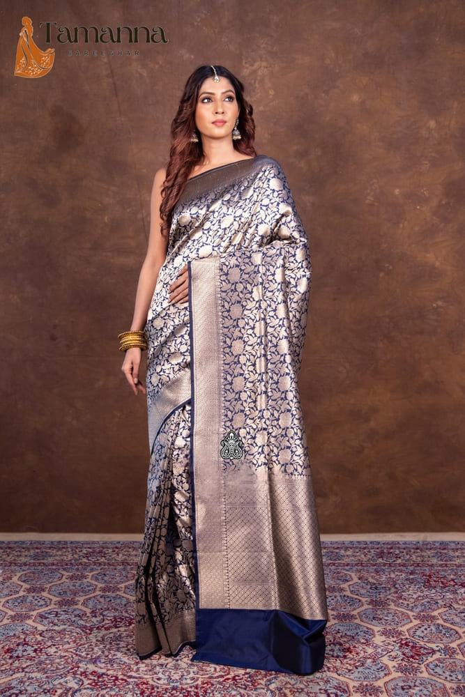 Navy Blue Pure Katan Silk Banarasi Handloom Saree- Tanchui Brocade