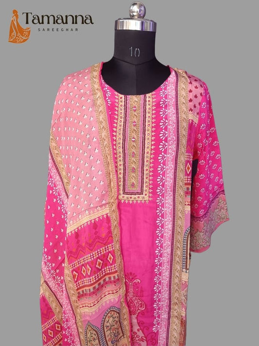Hot Pink Pure Tusser Straight Suit with Hand work