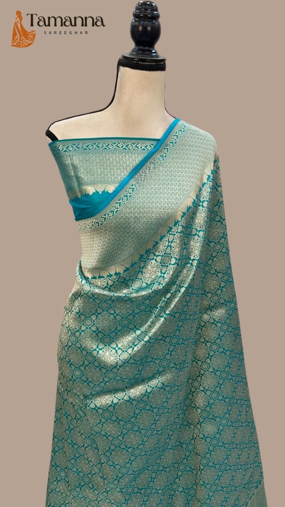 Turquoise Pure Katan Silk Banarasi Handloom Saree- Tanchui Brocade