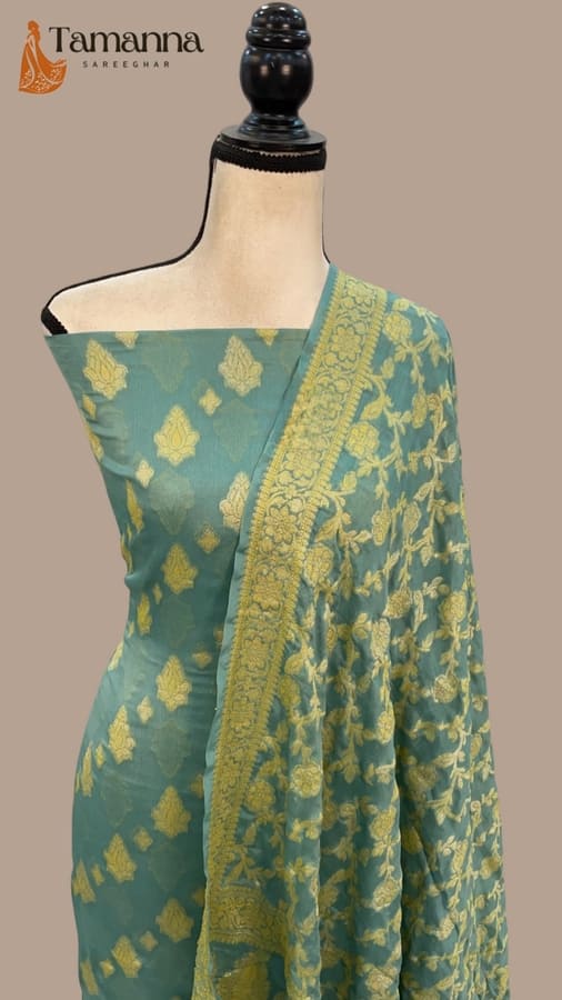 Turquoise green Pure Khaddi Chiffon Banarasi Dress Material