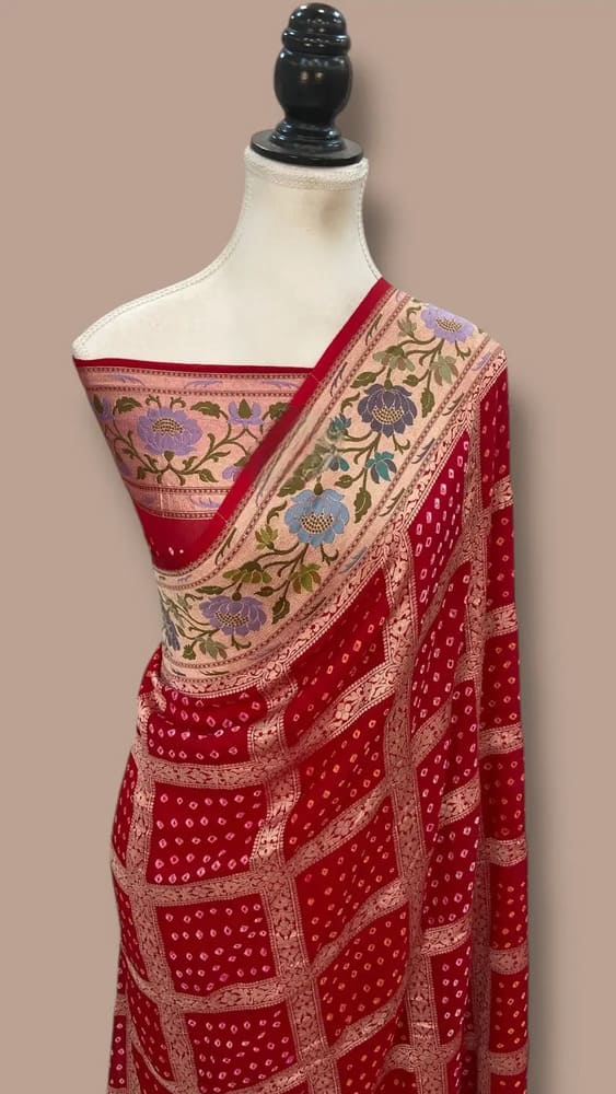 Red Pure Georgette Bandhej Handloom Banarasi Saree - Meenakari
