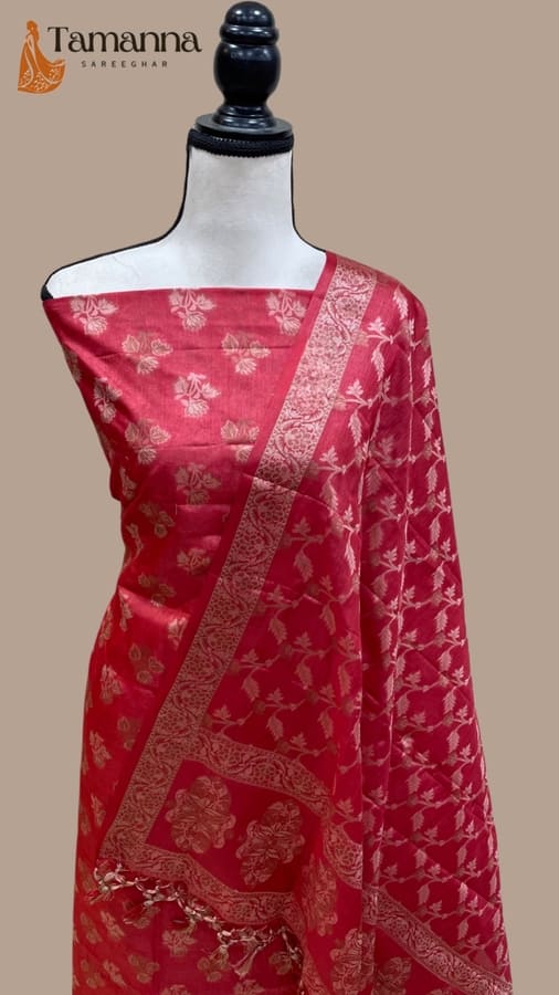 Red Pure Tussar Silk Banarasi Dress Material