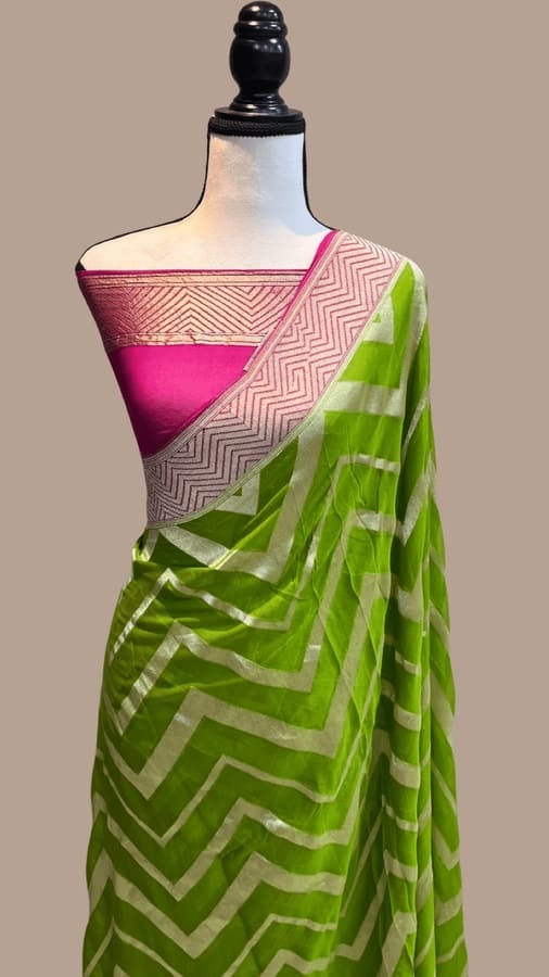 Olive Green Pure Khaddi Georgette Handloom Banarasi Saree- Water Zari
