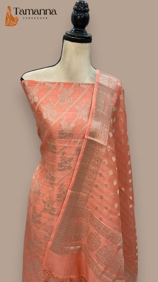 Onion Pink Pure Chanderi Cotton Banarasi Dress Material