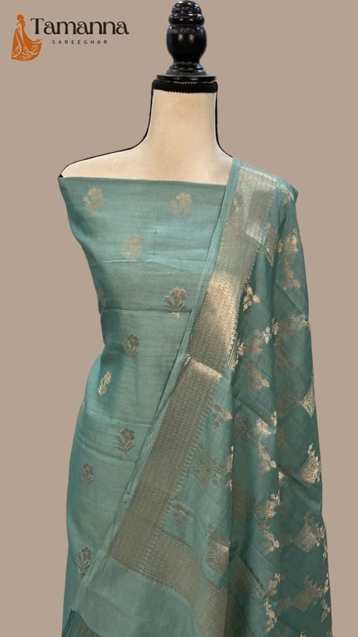 Turquoise Grey Pure Chiniya Silk Handloom Banarasi Dress Material