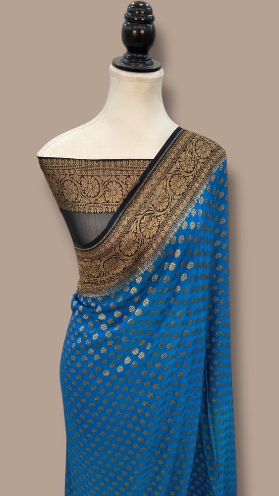 German Blue Pure Khaddi Georgette Handloom Banarasi Saree- Antique Zari