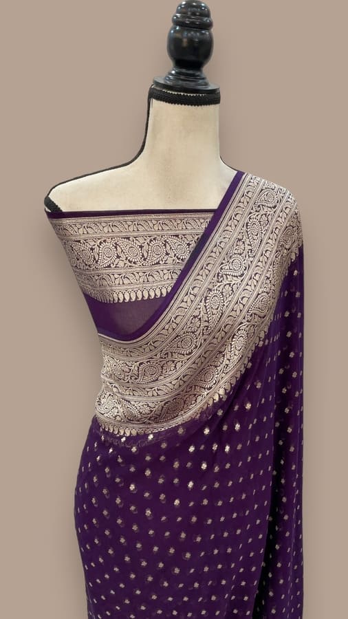 Wine Pure Khaddi Georgette Handloom Banarasi Saree- Water Zari