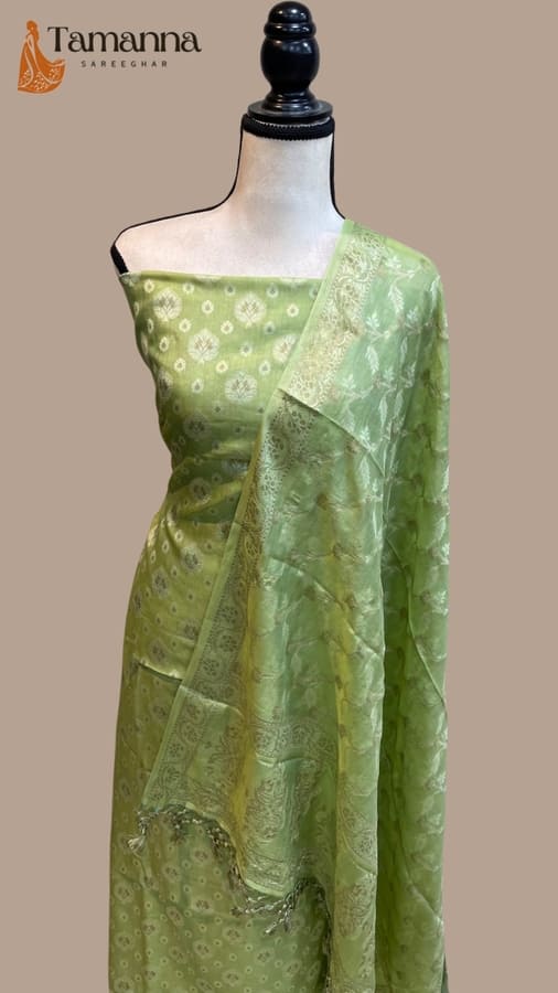 Pista Green Pure Butter Silk Banarasi Dress Material