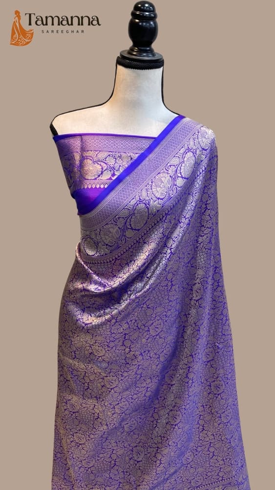Neon Blue Pure Katan Silk Handloom Banarasi Saree- Tanchui Brocade