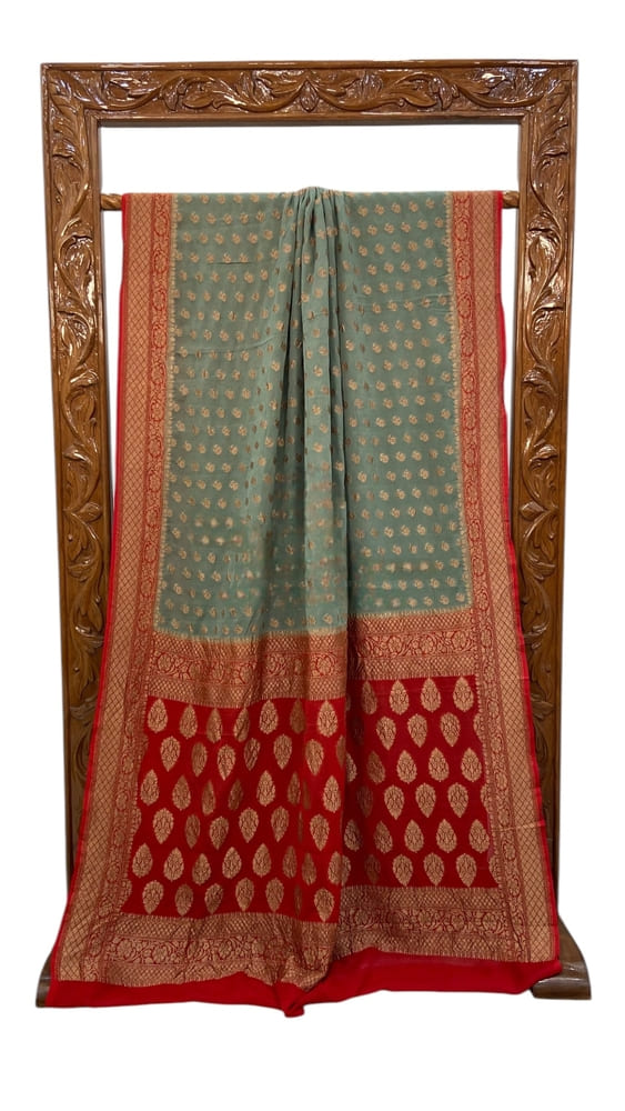 Grey Pure Khaddi Georgette Handloom Banarasi Saree- Antique Zari