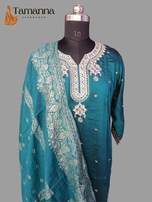 Teek Blue Pure Silk Suit Set with Banarasi Chunni