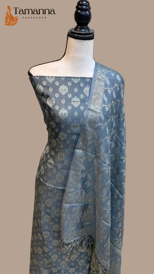 Grey Pure Butter Silk Banarasi Dress Material